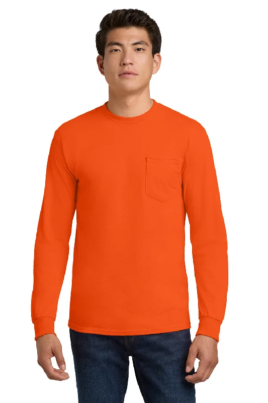 Men’s short-sleeve knap polos-Gildan Mens Ultra Long Sleeve Crewneck T-Shirt w/ Pocket - Safety Orange