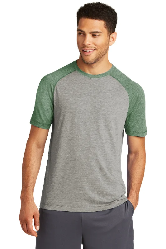 Men’s short-sleeve ooze polos-Sport-Tek Mens Moisture Wicking Short Sleeve Crewneck T-Shirt - Heather Light Grey/Heather Forest Green - Closeout