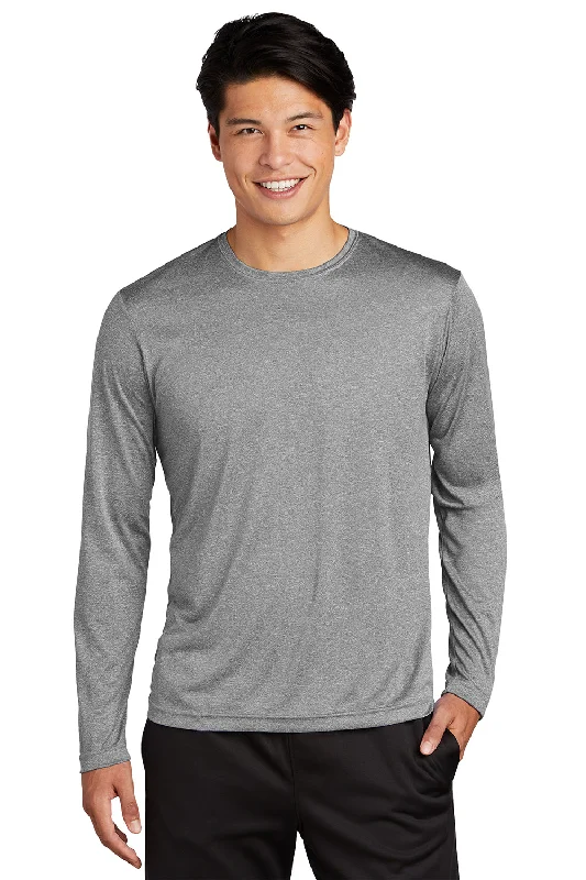 Men’s short-sleeve loam polos-Sport-Tek Mens Contender Heather Moisture Wicking Long Sleeve Crewneck T-Shirt - Heather Vintage Grey