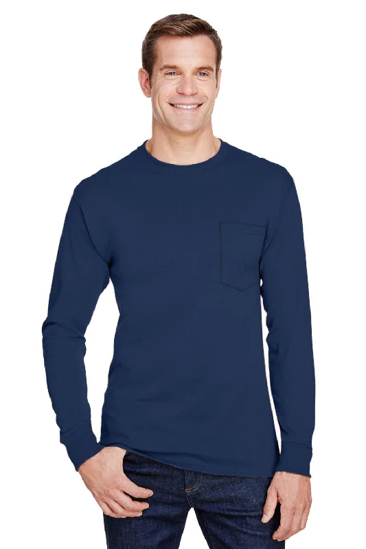 Men’s short-sleeve grove shirts-Hanes Mens Workwear UPF 50+ Long Sleeve Crewneck T-Shirt w/ Pocket - Navy Blue