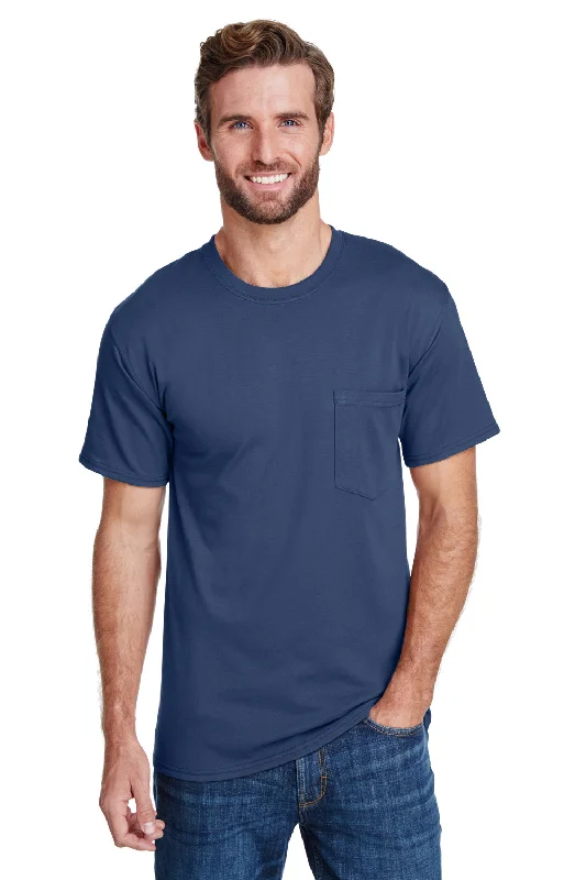 Men’s short-sleeve wick polos-Hanes Mens Workwear UPF 50+ Short Sleeve Crewneck T-Shirt w/ Pocket - Navy Blue