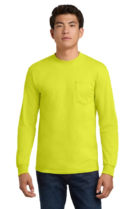 Men’s short-sleeve sward tops-Gildan Mens Ultra Long Sleeve Crewneck T-Shirt w/ Pocket - Safety Green