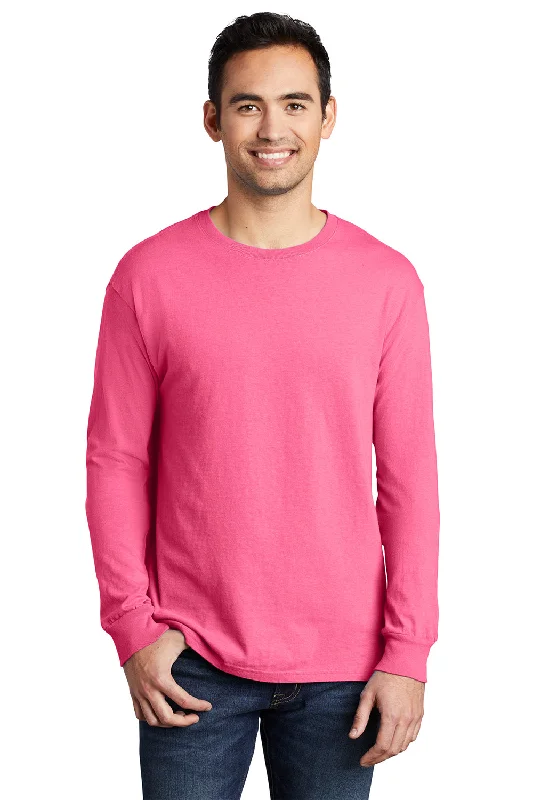 Men’s short-sleeve jut tops-Port & Company Mens Beach Wash Long Sleeve Crewneck T-Shirt - Neon Pink