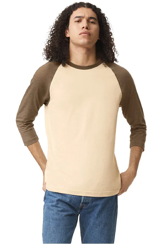 Men’s short-sleeve gash polos-American Apparel Mens CVC Raglan 3/4 Sleeve Crewneck T-Shirt - Heather Bone/Heather Army Brown