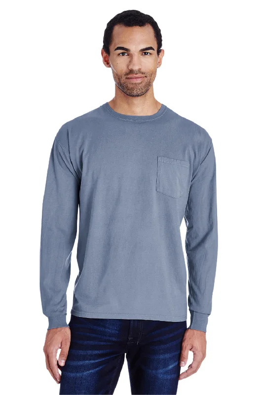 Men’s short-sleeve rift tees-ComfortWash By Hanes Mens Long Sleeve Crewneck T-Shirt w/ Pocket - Saltwater Blue