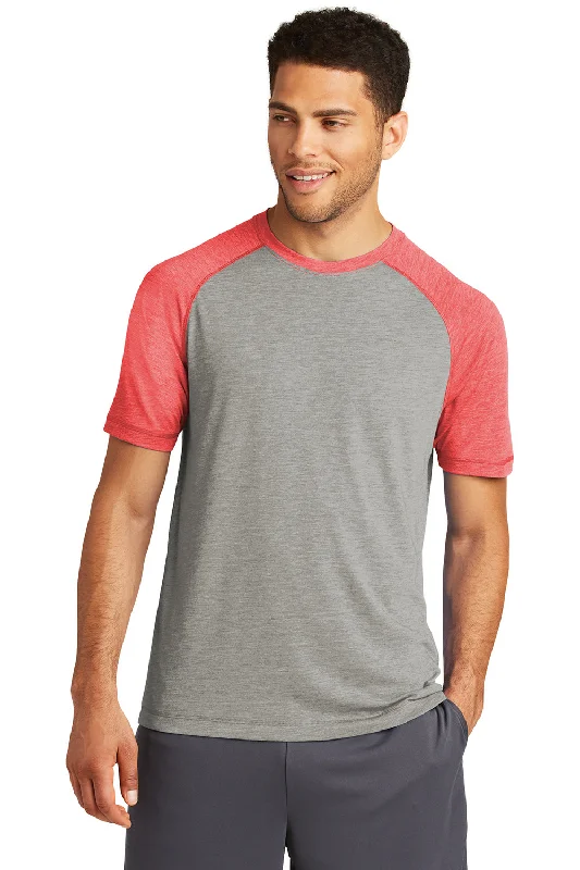 Men’s short-sleeve jut tops-Sport-Tek Mens Moisture Wicking Short Sleeve Crewneck T-Shirt - Heather Light Grey/Heather True Red - Closeout