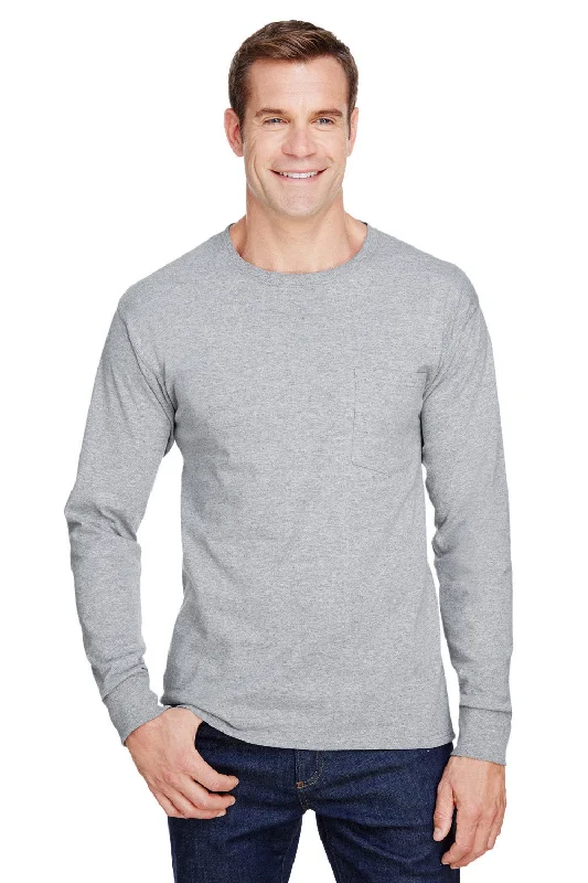 Men’s short-sleeve knoll shirts-Hanes Mens Workwear UPF 50+ Long Sleeve Crewneck T-Shirt w/ Pocket - Light Steel Grey