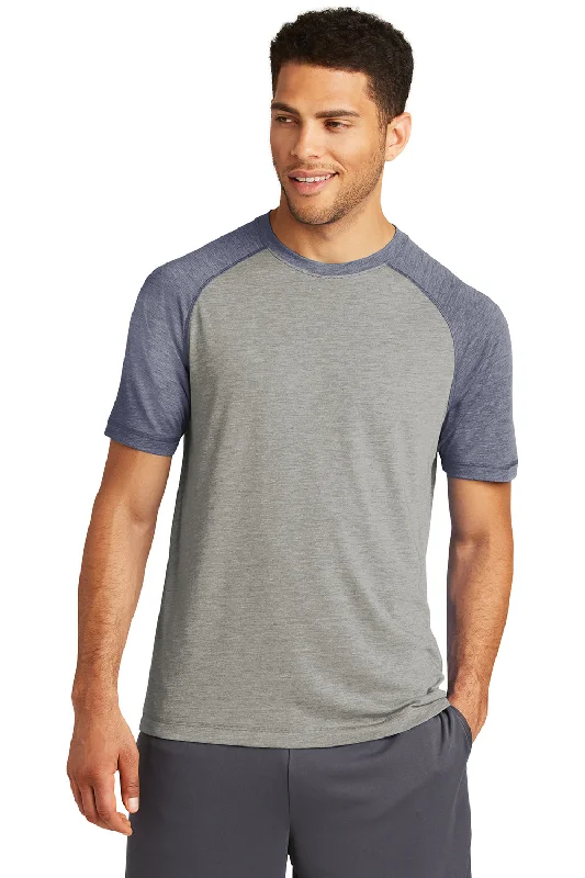 Men’s short-sleeve luff shirts-Sport-Tek Mens Moisture Wicking Short Sleeve Crewneck T-Shirt - Heather Light Grey/Heather True Navy Blue - Closeout