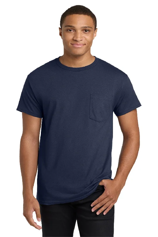 Men’s short-sleeve isle shirts-Hanes Mens ComfortSoft Short Sleeve Crewneck T-Shirt w/ Pocket - Navy Blue