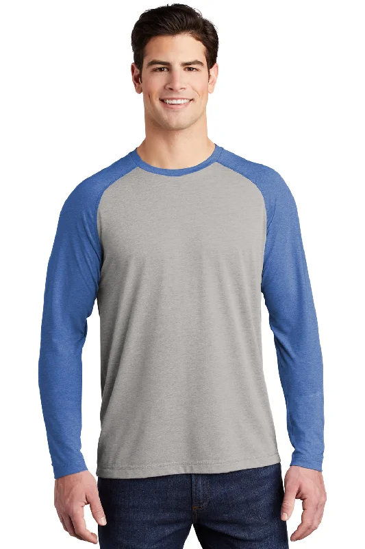 Men’s short-sleeve pebble tops-Sport-Tek Mens Moisture Wicking Long Sleeve Crewneck T-Shirt - Heather Light Grey/Heather True Royal Blue