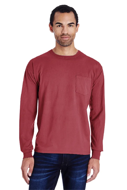 Men’s short-sleeve nook shirts-ComfortWash By Hanes Mens Long Sleeve Crewneck T-Shirt w/ Pocket - Cayenne Red