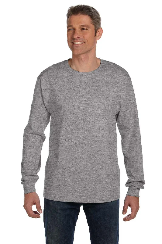 Men’s short-sleeve mote tops-Hanes Mens ComfortSoft Long Sleeve Crewneck T-Shirt w/ Pocket - Light Steel Grey