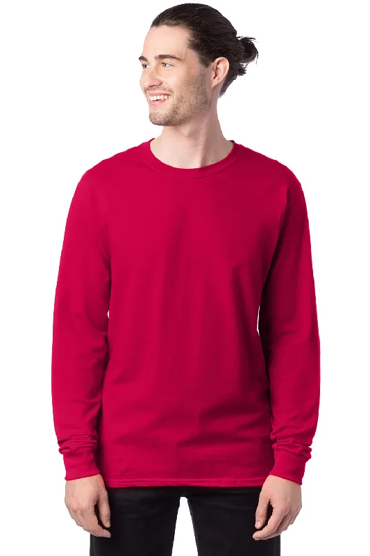 Men’s short-sleeve gully polos-Hanes Mens ComfortSoft Long Sleeve Crewneck T-Shirt - Athletic Crimson Red