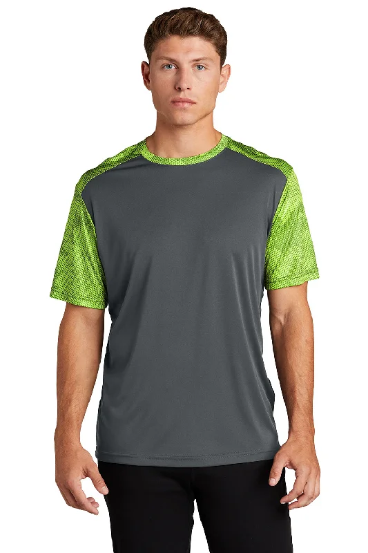 Men’s short-sleeve isle shirts-Sport-Tek Mens CamoHex Moisture Wicking Short Sleeve Crewneck T-Shirt - Iron Grey/Lime Shock Green