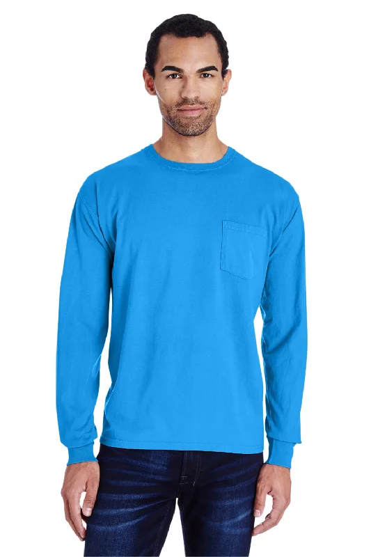 Men’s short-sleeve urn tops-ComfortWash By Hanes Mens Long Sleeve Crewneck T-Shirt w/ Pocket - Summer Sky Blue