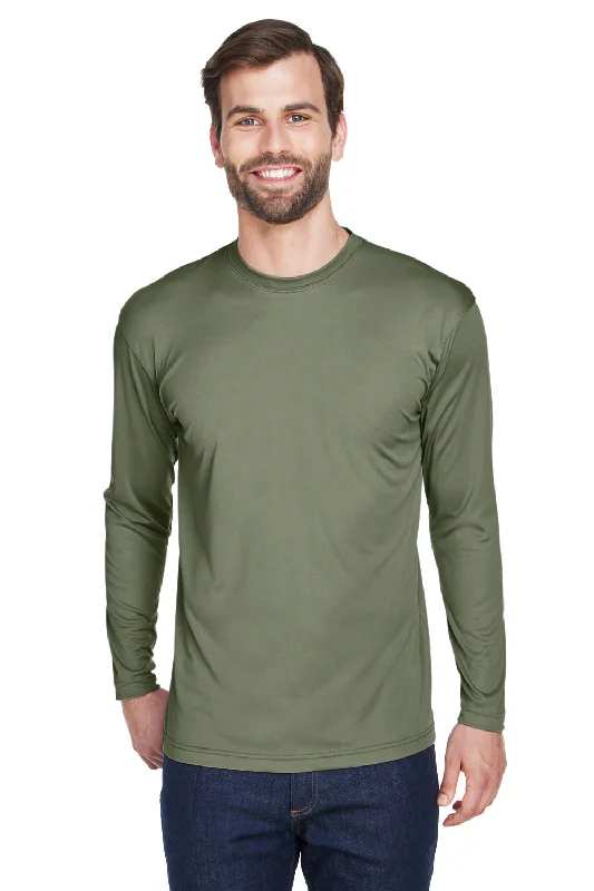 Men’s short-sleeve hilt tees-UltraClub Mens Cool & Dry Performance Moisture Wicking Long Sleeve Crewneck T-Shirt - Military Green