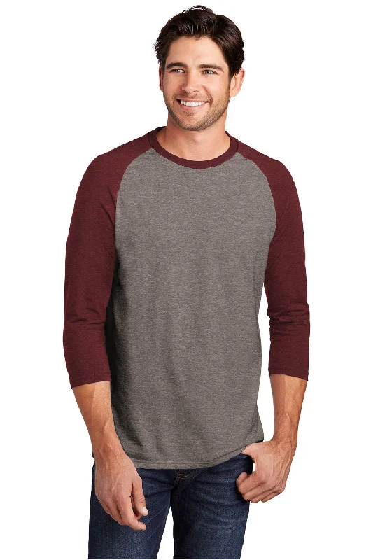 Men’s short-sleeve tarn shirts-District Mens Perfect Tri 3/4 Sleeve Crewneck T-Shirt - Grey Frost/Maroon Frost