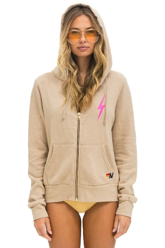 mens hoodie with retro-inspired design-BOLT 2 HOODIE - SAND //  NEON PINK