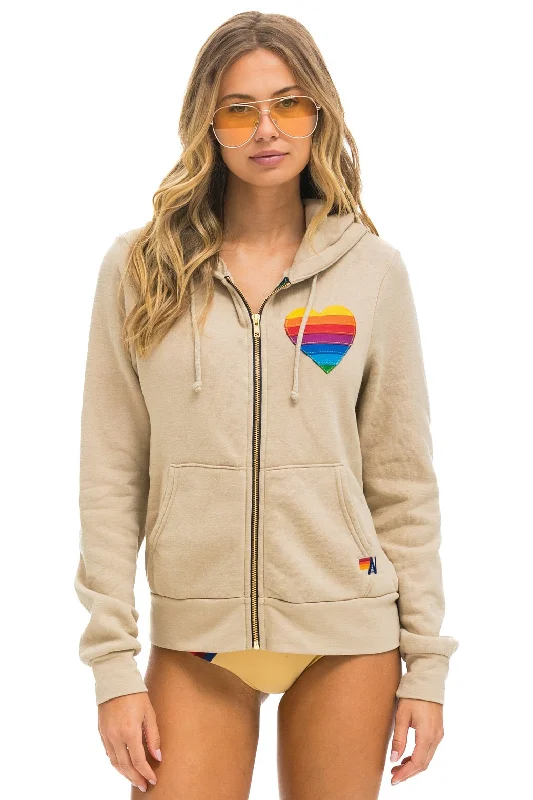 mens hoodie with sleek modern design-RAINBOW HEART STITCH ZIP HOODIE - SAND