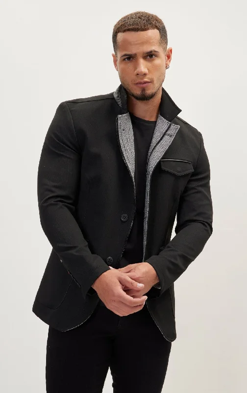 men's jackets with adjustable waistband-Stand Collar Sport Coat - Black