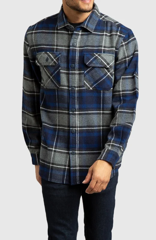 Men’s short-sleeve xeric tops-Blue Herringbone Plaid Overshirt