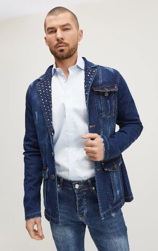 men's warm travel jackets-Artist Studded Denim Jacket  - Navy