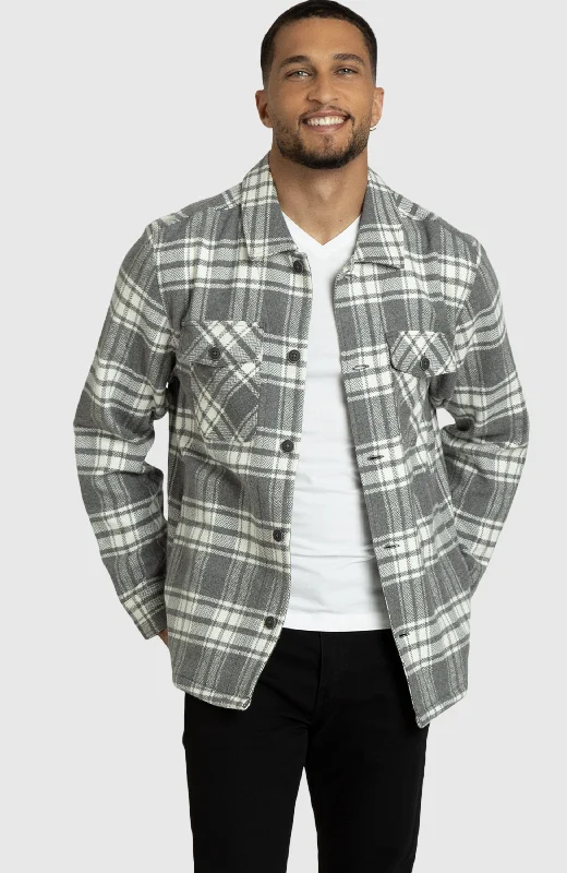 Men’s short-sleeve lagoon tops-Grey and Ivory Herringbone Plaid Overshirt