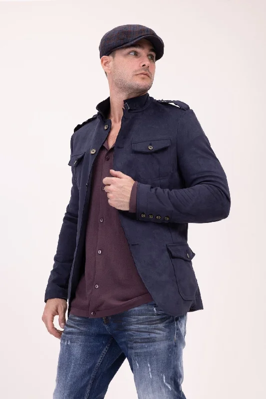 men's classic wool jackets-Men's Microsuede Lightweight Safari Jacket - Navy