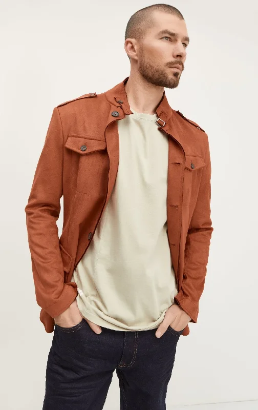 men's jackets with adjustable collar-Men's Microsuede Lightweight Safari Jacket - Brick Red