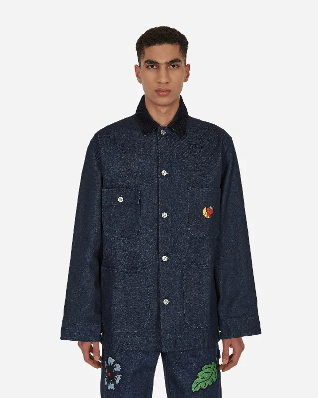 men's jackets with soft fleece material-Embroidered Denim Chore Coat Blue