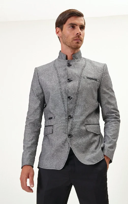 men's jackets with buttoned collar-Symmetric Button Closure Jacket - Grey