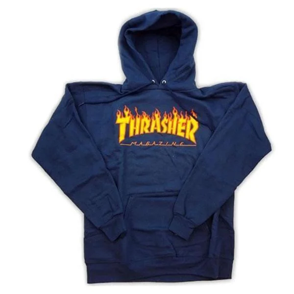 mens hoodie for daily street style-Thrasher Flame Logo Hoody Navy