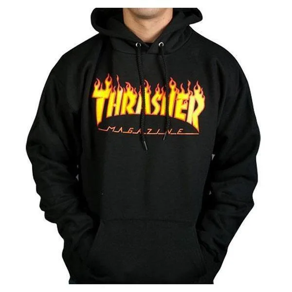 mens hoodie with oversized fit-Thrasher Flame Logo Hoody Black