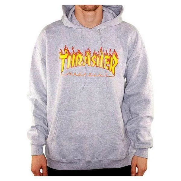 mens hoodie for sporty aesthetics-Thrasher Flame Logo Hoody Grey