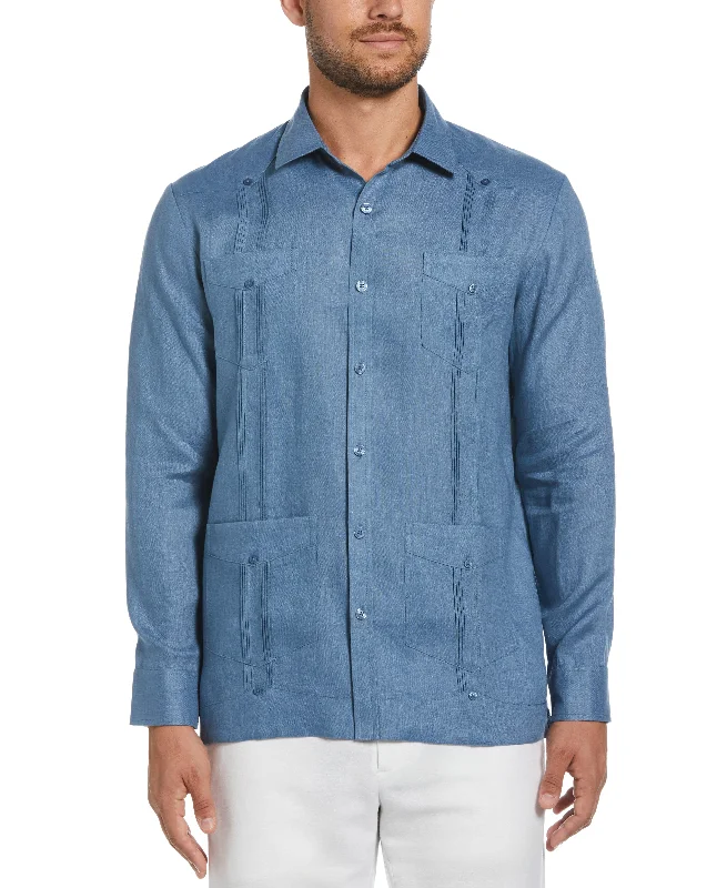 Men’s short-sleeve lagoon tops-100% Linen Classic Guayabera Shirt - Long Sleeve - Captains Blue