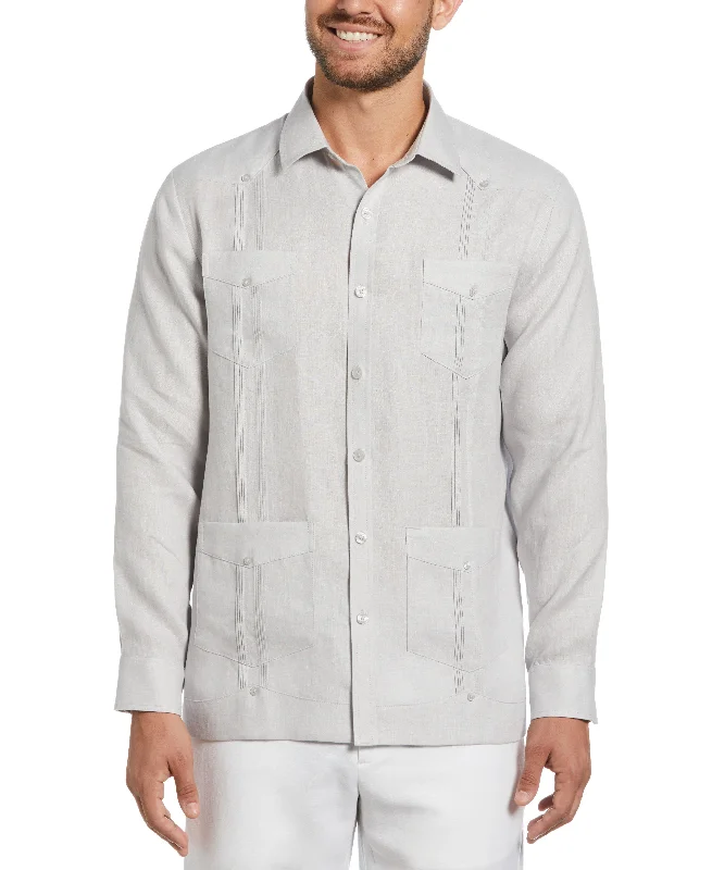 Men’s short-sleeve gully polos-100% Linen Classic Guayabera Shirt - Long Sleeve - Light Gray