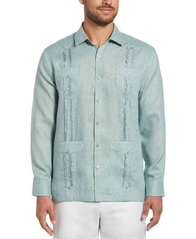 Men’s short-sleeve ash shirts-100% Linen Classic Guayabera Shirt - Long Sleeve - Green