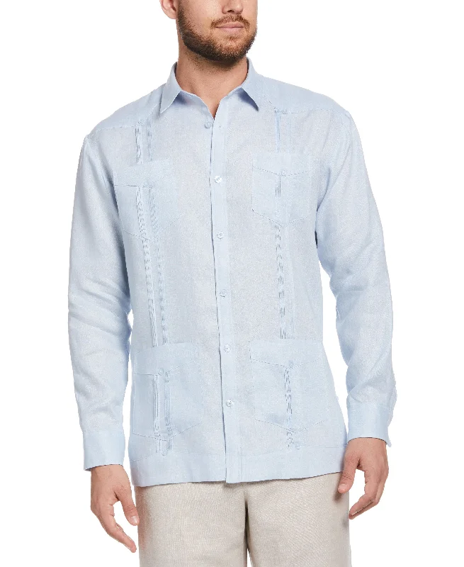 Men’s short-sleeve xylem tees-100% Linen Classic Guayabera Shirt - Long Sleeve - Cashmere Blue