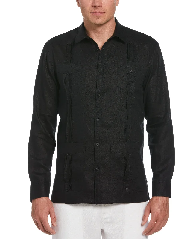 Men’s short-sleeve quarz shirts-100% Linen Classic Guayabera Shirt - Long Sleeve - Black