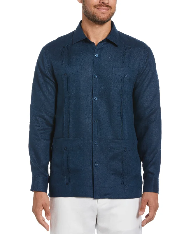 Men’s short-sleeve dune shirts-100% Linen Classic Guayabera Shirt - Long Sleeve - Titan Blue