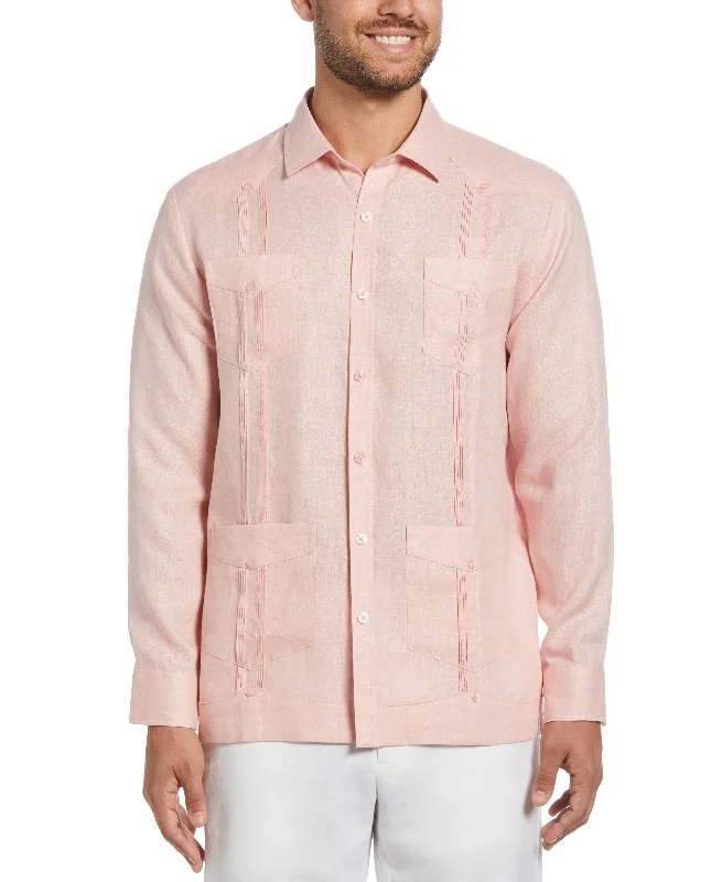 Men’s short-sleeve bight shirts-100% Linen Classic Guayabera Shirt - Long Sleeve - Silver Pink