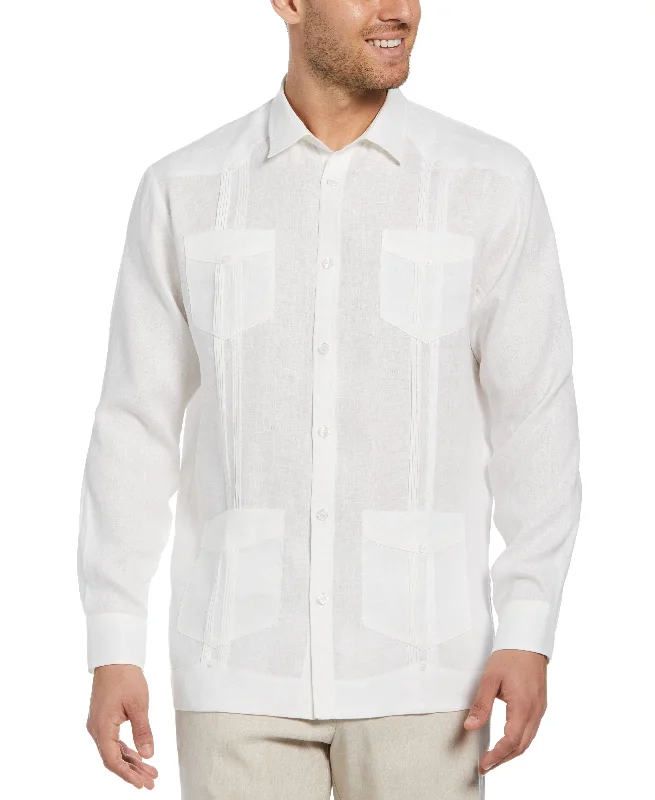 Men’s short-sleeve gully polos-100% Linen Classic Guayabera Shirt - Long Sleeve - White