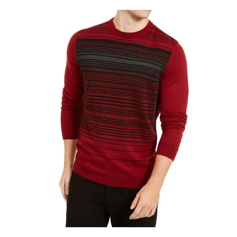 Men's woad sweater-Alfani Men's Merino Blend Stripe Crewneck Sweater Red Size Large