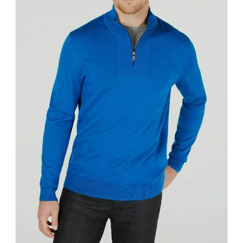 Men's hammam sweater-Alfani Men's Quarter-Zip Ribbed Placket Sweater Blue Size Medium