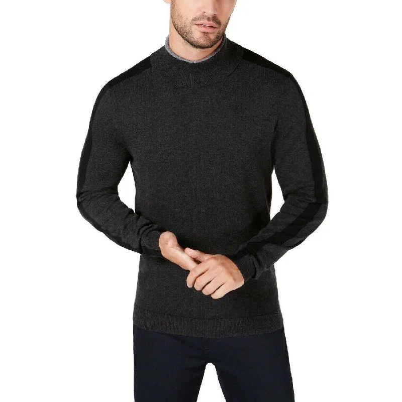 Men's bathhouse sweater-Alfani Men's Striped-Sleeve Turtleneck Sweater Gray Size Large