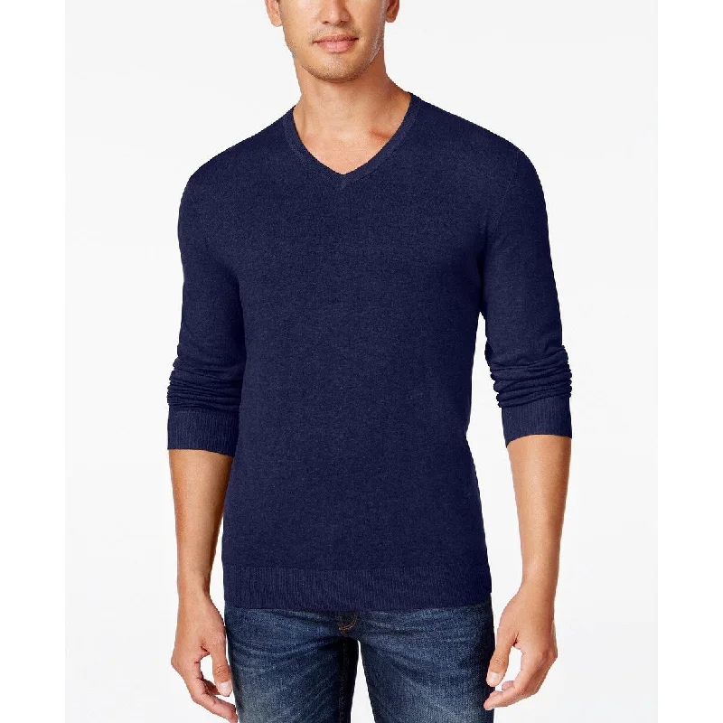 Men's galleon sweater-Alfani Men's V-Neck Heathered Long-Sleeve Sweater Navy Size Small