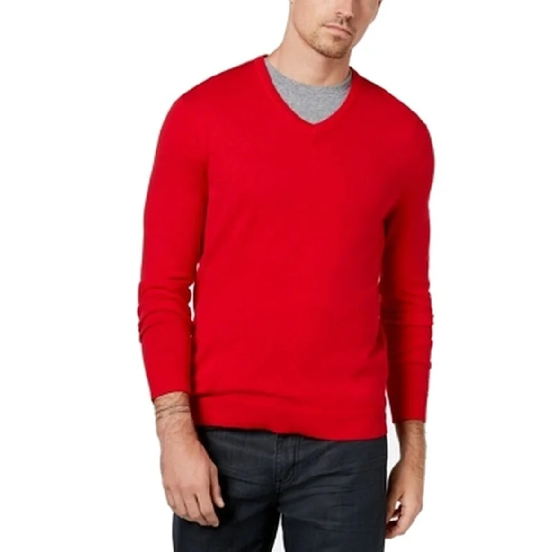 Men's velour sweater-Alfani Men's V-Neck Sweater Red Size Medium