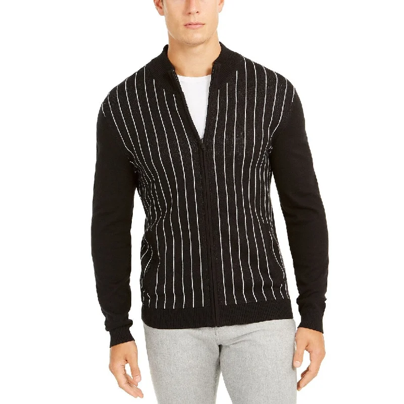 Men's wheat sweater-Alfani Men's Vertical Stripe Full-Zip Cardigan Black Size L - Large