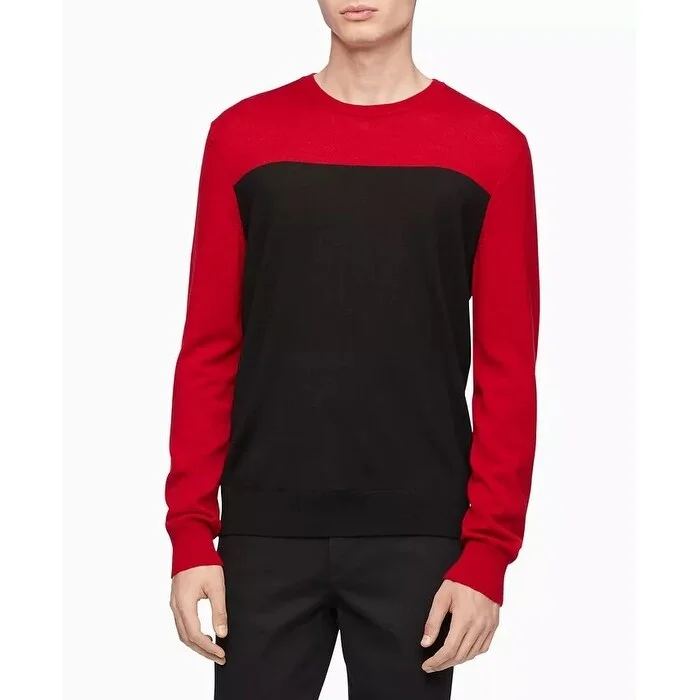 Men's schooner sweater-Calvin Klein Men's Merino Colorblock Sweater Red Size XX-Large