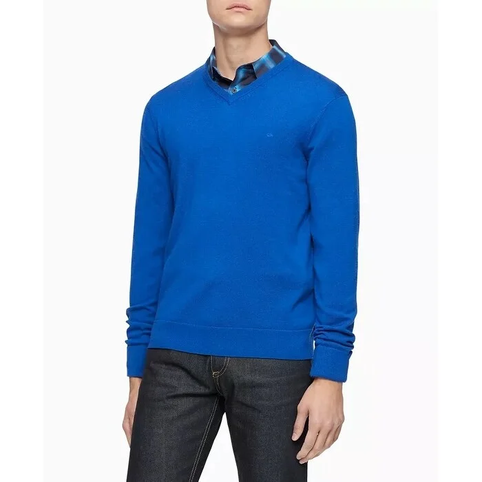 Men's haboob sweater-Calvin Klein Men's Merino Wool V Neck Sweater Blue Size Medium